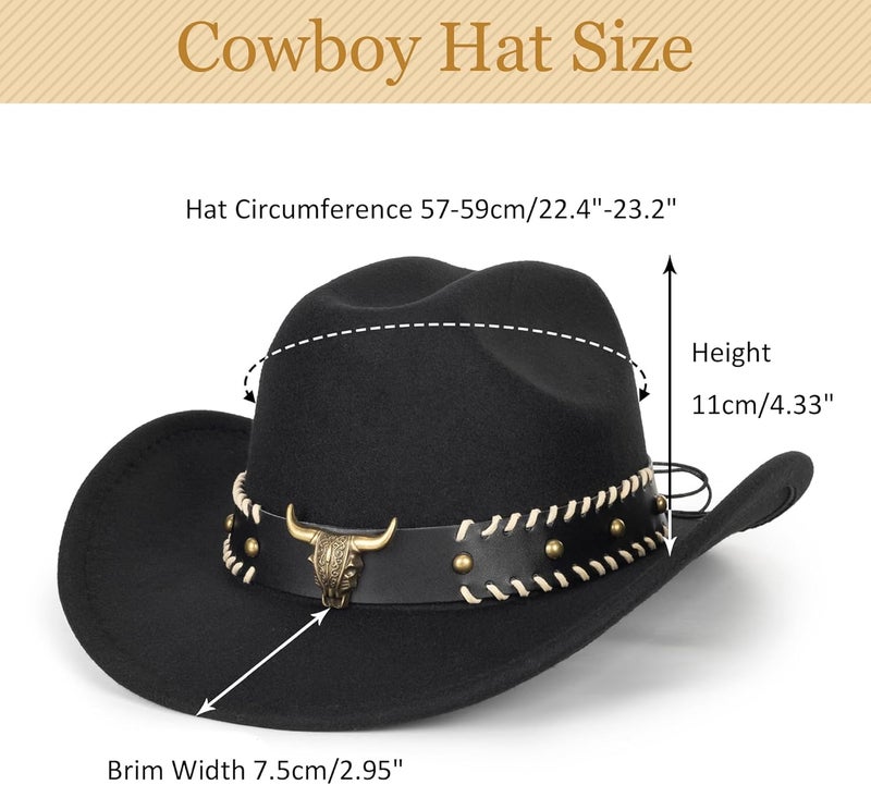 FGSS Western-Cowboy-Hats for Women Men - Classic Wide Brim Felt Fedora Unisex Upturn Bull Head Cowgirl Caps with Buckle Belt - Image 3